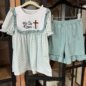 He is Risen easter toddler girl set smock embroidered top shorts sage gingham